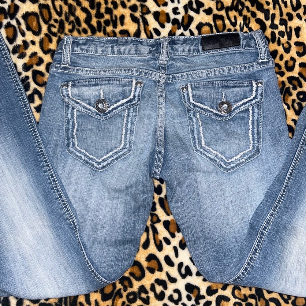 Y2K 2000s Rhinestone Ultra Low Rise Bootcut Light Wash Denim Jeans